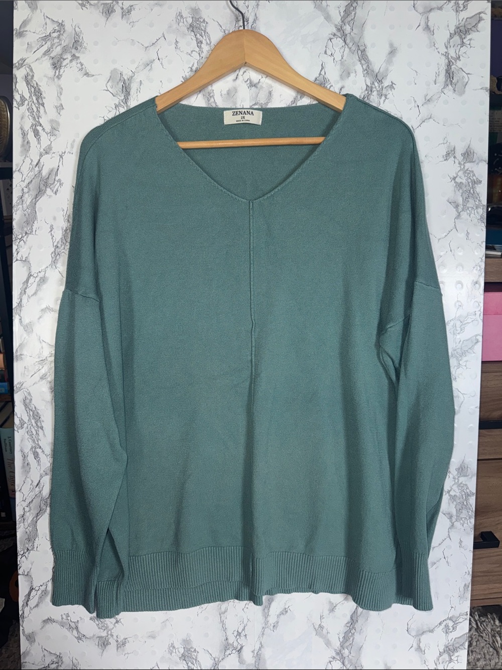 Zenana V-Neck Sweater Blue-Green Size 2X